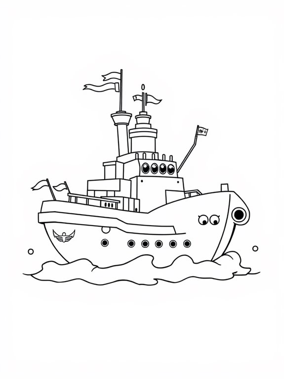 cartoon battleship with flags