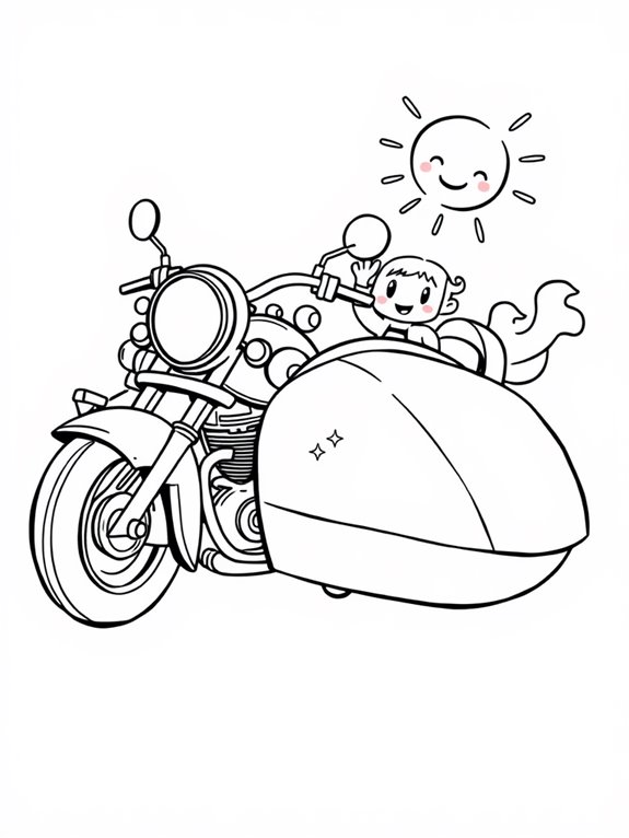 cartoonish sidecar motorcycle adventure