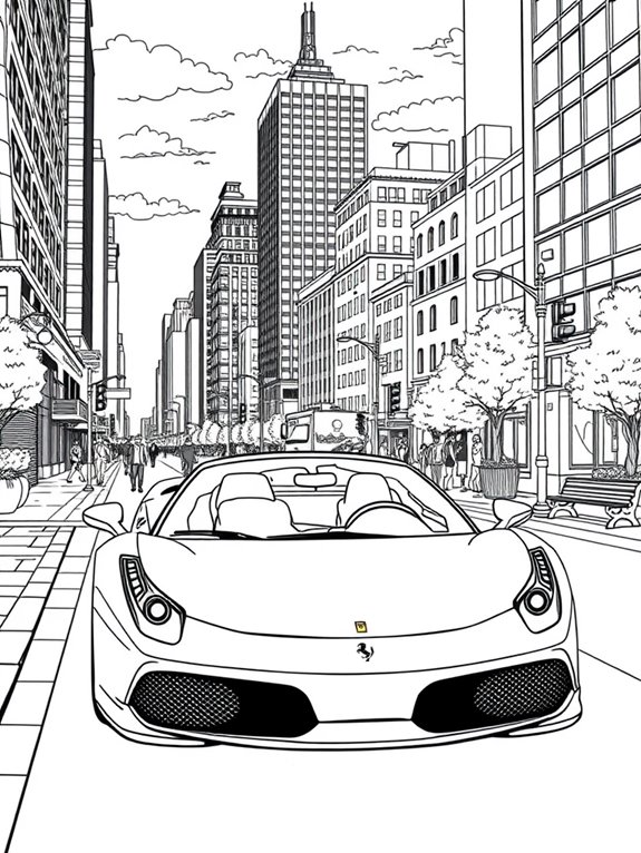 ferrari amidst urban skyline