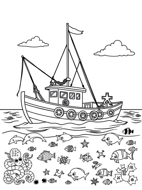 fishing boat with sea creatures