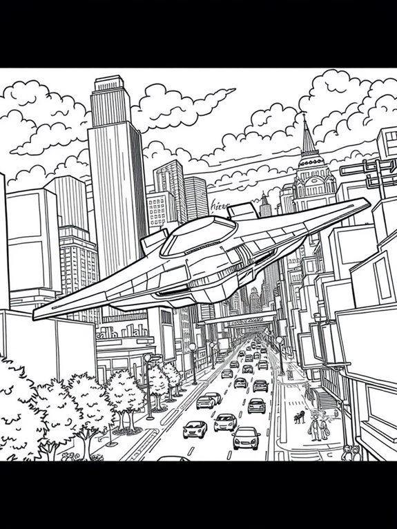 flying car cityscape scene