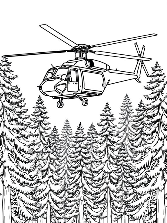 helicopter flying among trees