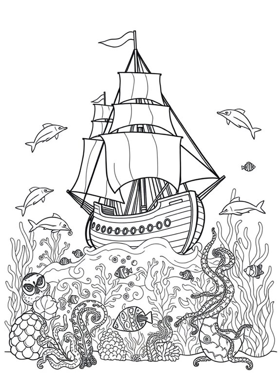 sailing ship with sea creatures