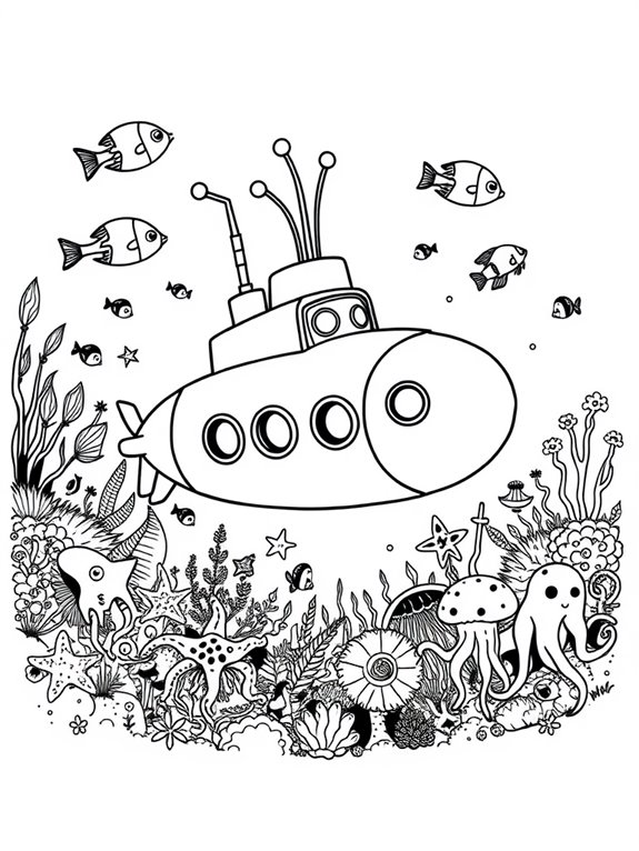 submarine surrounded by sea creatures