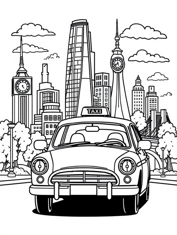 taxi with city landmarks