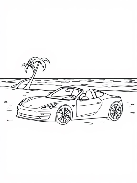 tesla roadster beach scene