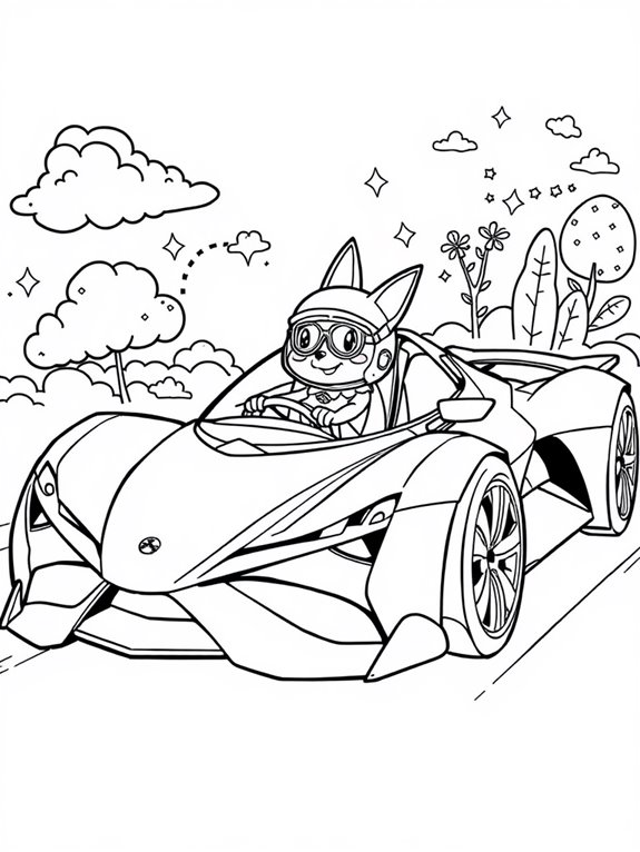 whimsical animal driving hypercar