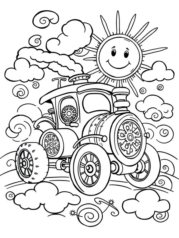 whimsical steam powered car illustration