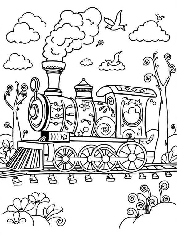 whimsical steam train illustration