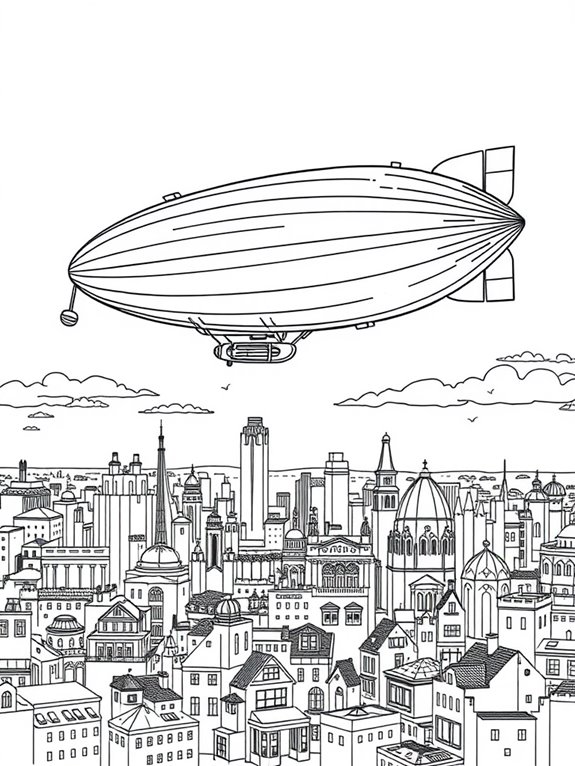 zeppelin flying over city